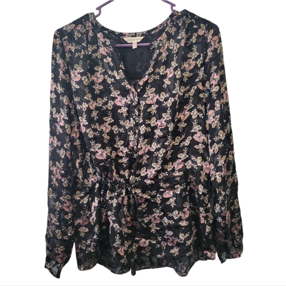 Rebecca Taylor Women’s Black Floral Silk Blend Long Sleeve Blouse Top Size 6